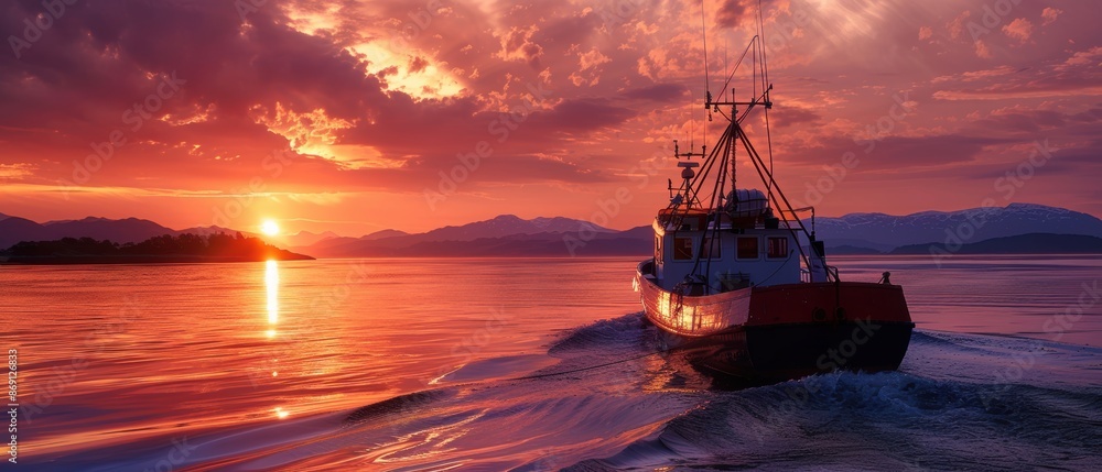 Naklejka premium Twilight Return: Fishing Boat Sailing Back to Shore in the Evening Glow