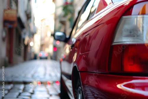 Red car parked, waiting for a buyer or owner. Urban setting, natural lighting,