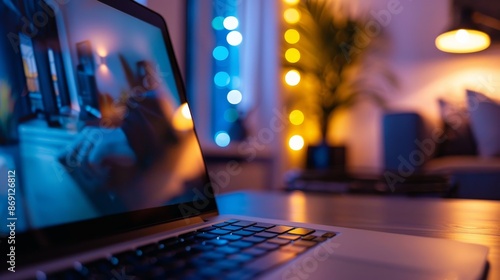 Wallpaper Mural Close-up of laptop with virtual meeting interface, glowing string lights, creating cozy home office ambiance Torontodigital.ca