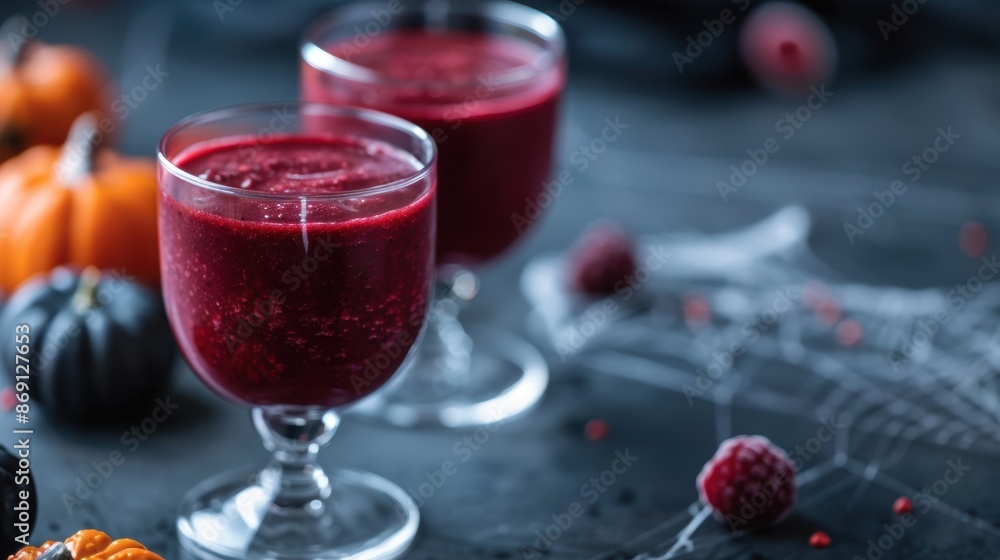 Two glasses of red berry smoothie, surrounded by autumn decorations and spiderweb, set on a dark background. Two glasses of red berry smoothie, surrounded by autumn decorations and spiderweb, set on a dark background.