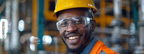  A man in safety gogs and hard hat grins at camera near large industrial site photo