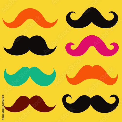 A group of colorful mustaches displayed against a bright yellow backdrop