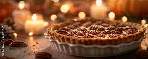 Warm and inviting pecan pie on a rustic table, surrounded by candles and autumn decor, perfect for a cozy holiday atmosphere.