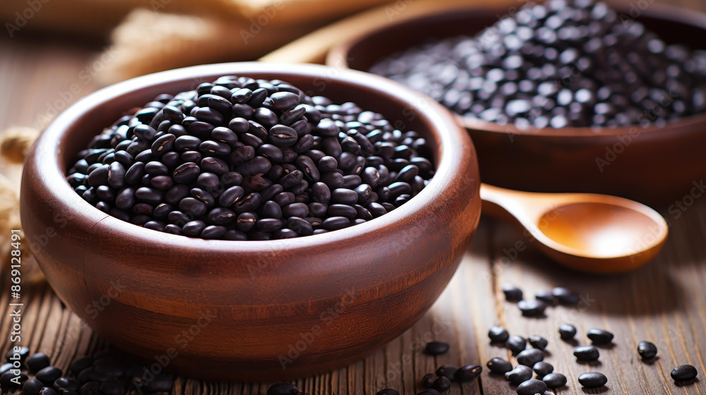 Fresh black beans in a rustic wooden bowl. Simple and natural food photography. Fresh black beans in a rustic wooden bowl. Simple and natural food photography.