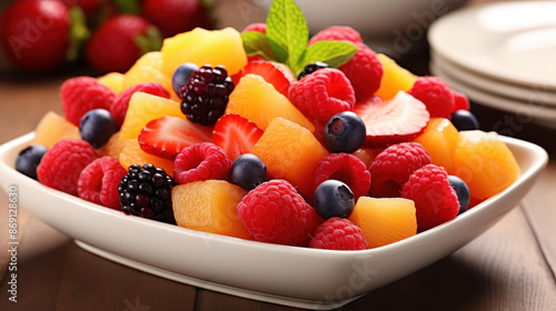 Vibrant fruit platter featuring oranges, kiwis, cantaloupes, raspberries, and blueberries.