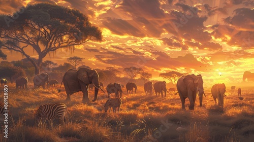 A wildlife safari with a herd of elephants walking across the savannah, acacia trees dotting the landscape, and a golden sunset in the background, with zebras and antelopes grazing nearby, creating a