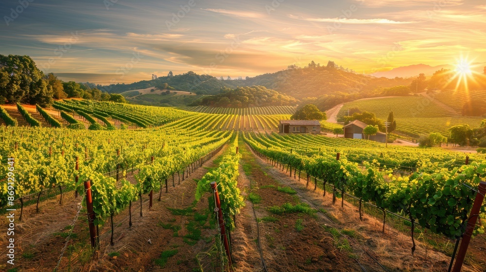 A scenic vineyard with rows of grapevines, a charming farmhouse, and rolling hills in the background, the sun setting and casting a warm golden light, creating a tranquil and idyllic wine country A scenic vineyard with rows of grapevines, a charming farmhouse, and rolling hills in the background, the sun setting and casting a warm golden light, creating a tranquil and idyllic wine country