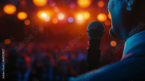 Microphone in front of a blurred crowd.