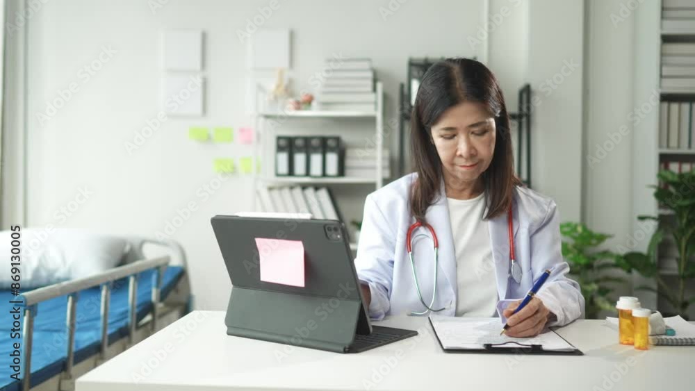 Doctor using a tablet and writing notes in a modern clinic, analyzing patient records in a well-organized office with medical supplies Doctor using a tablet and writing notes in a modern clinic, analyzing patient records in a well-organized office with medical supplies