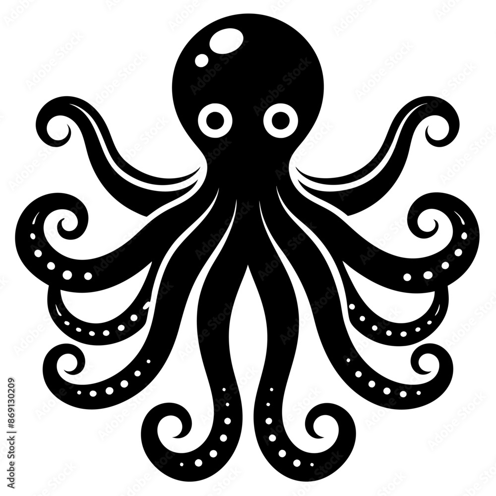 Black and white octopus silhouette with tentacles on white background Black and white octopus silhouette with tentacles on white background