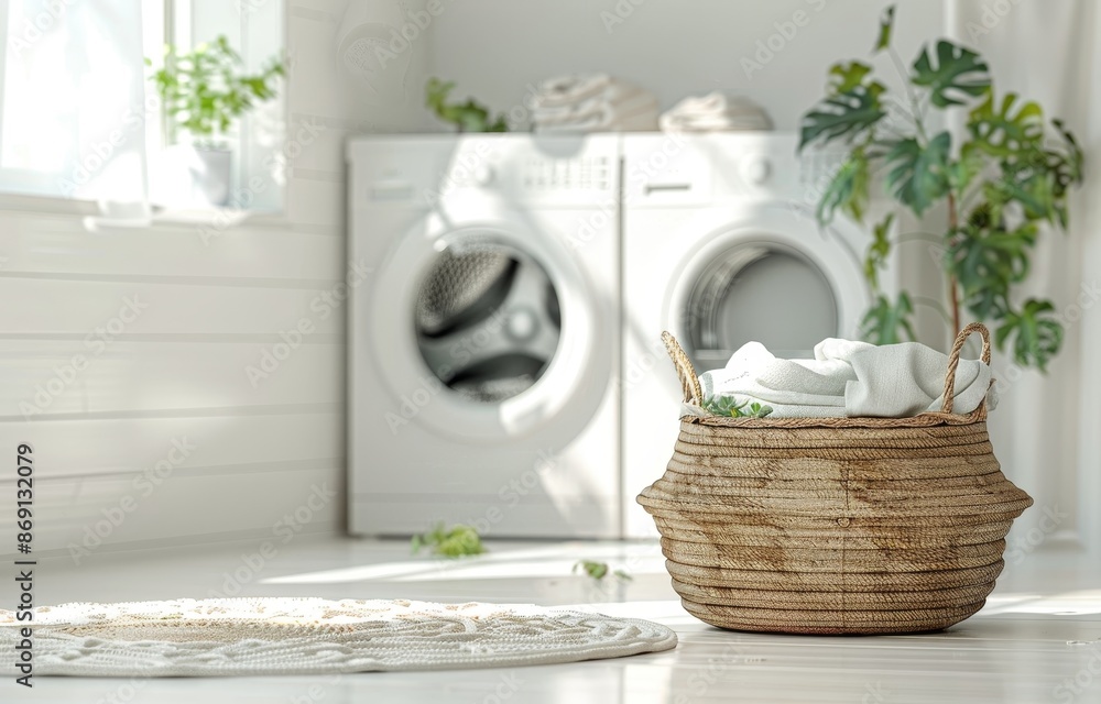 A laundry room with white walls, a large basket full of on the floor and two washing machines in front of it. The background is blurred to emphasize the scene. A laundry room with white walls, a large basket full of on the floor and two washing machines in front of it. The background is blurred to emphasize the scene.