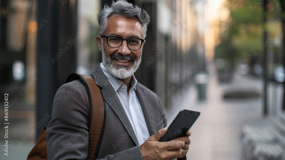 Smiling mature Latin or Indian businessman holding the phone Smiling mature Latin or Indian businessman holding the phone