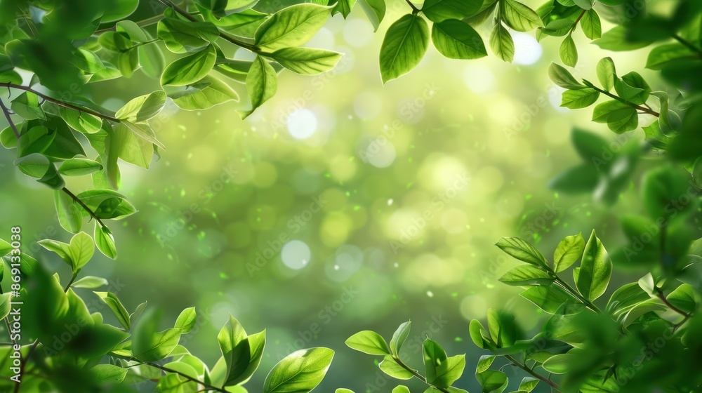 Obraz premium Lush green leaves forming a natural frame with a vibrant, sun-dappled background, evoking the tranquility and beauty of nature in summer.