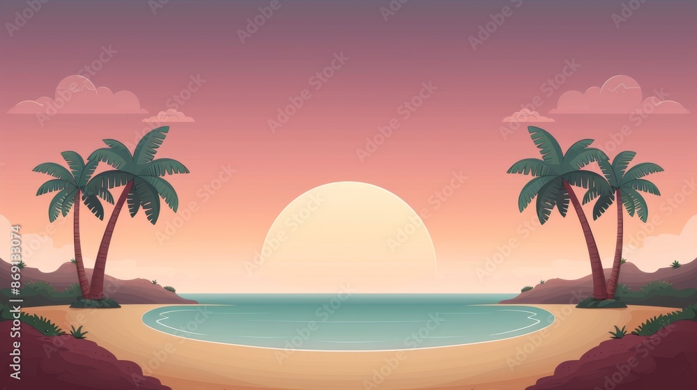 Obraz premium Tropical Island Sunset with Palm Trees and Colorful Sky in Pixel Art Style