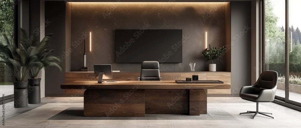 Modern executive office with minimalist design, featuring wooden desk, large window, and indoor plants for a serene and productive workspace. Modern executive office with minimalist design, featuring wooden desk, large window, and indoor plants for a serene and productive workspace.
