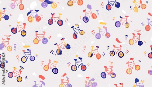 カラフルでいろんな自転車がたくさんランダムに置かれたポップなイラスト背景