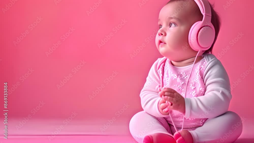 A baby in headphones poster with copy space - Fictional Person, isolated studio color background A baby in headphones poster with copy space - Fictional Person, isolated studio color background