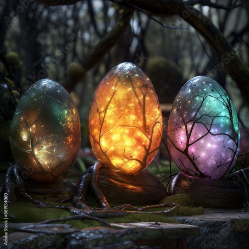 Magical Illuminated Eggs in Enchanted Forest photo