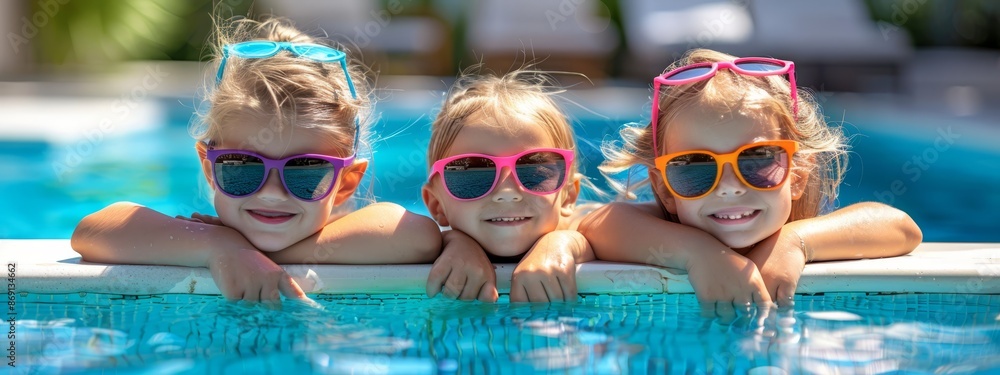 Three little girls don sunglasses – pink and blue – as they stand by a swimming pool, hands gripping its edge Three little girls don sunglasses – pink and blue – as they stand by a swimming pool, hands gripping its edge
