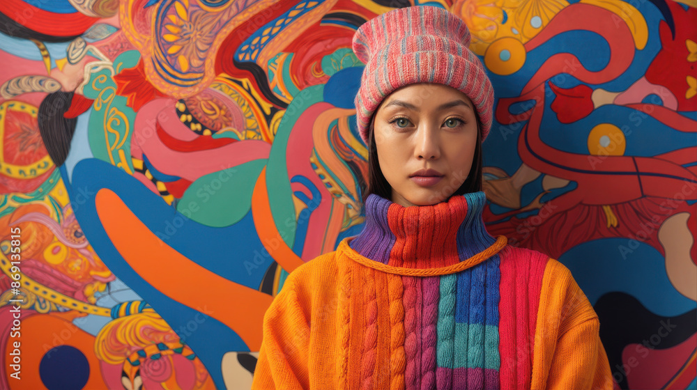 Fototapeta premium A beautiful Asian model standing in front of a colorful mural. She is wearing a multicolored turtleneck knit sweater and a stocking cap.