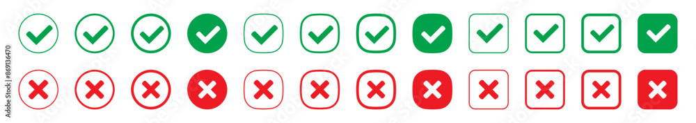 Right or wrong icons. Green tick and red cross checkmarks. Yes or no symbol, approved or rejected icon for user interface. Right or wrong icons. Green tick and red cross checkmarks. Yes or no symbol, approved or rejected icon for user interface.