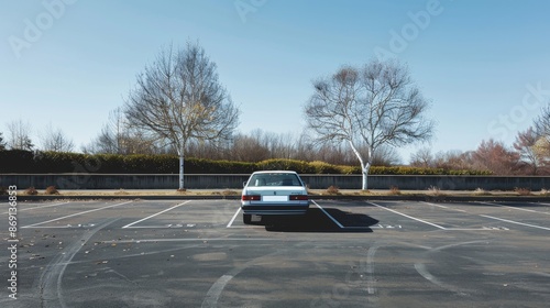 White car in an open-air parking lot, representing everyday parking. Clear day, natural lighting,