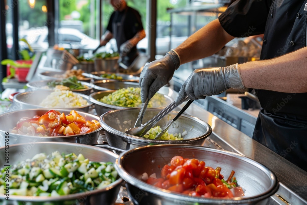 Obraz premium school kitchen staff serving food