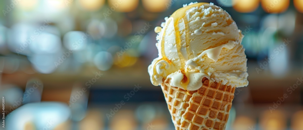 Obraz premium Close-up of Delicious Vanilla Ice Cream Cone with Syrup Drizzle in High Quality Sharp Image