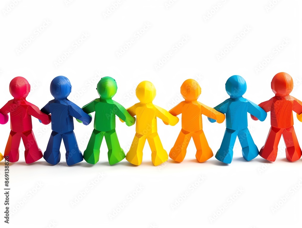 Colorful wooden figures holding hands in a line, representing unity and diversity. Colorful wooden figures holding hands in a line, representing unity and diversity.