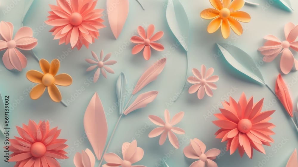Obraz premium Geometric, paper floral patterns on a light blue background. Generative AI