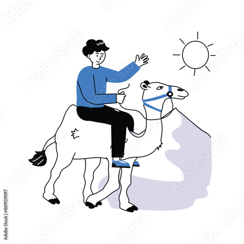 A tourist riding with camel in desert, character illustration