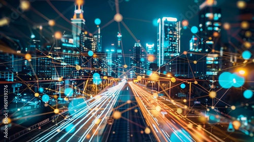 Technology connects smart cities and abstract dots through flowing lines, representing the interconnectedness of big data in modern urban environments.