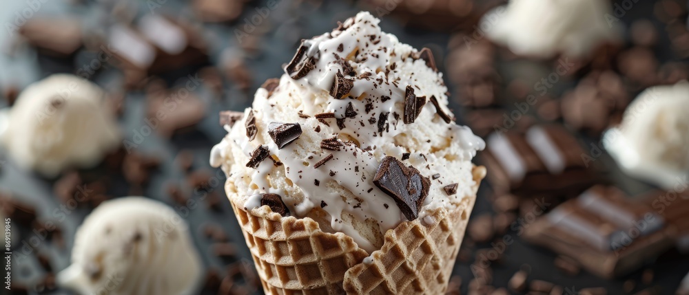 Crisp Close-up of Delicious Ice Cream Cone with Vanilla and Chocolate Bits Crisp Close-up of Delicious Ice Cream Cone with Vanilla and Chocolate Bits