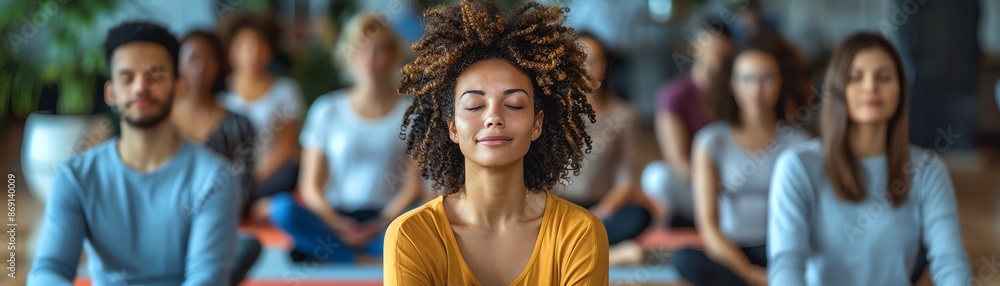 Group of people meditating in a yoga class, focus on woman with dreadlocks Group of people meditating in a yoga class, focus on woman with dreadlocks