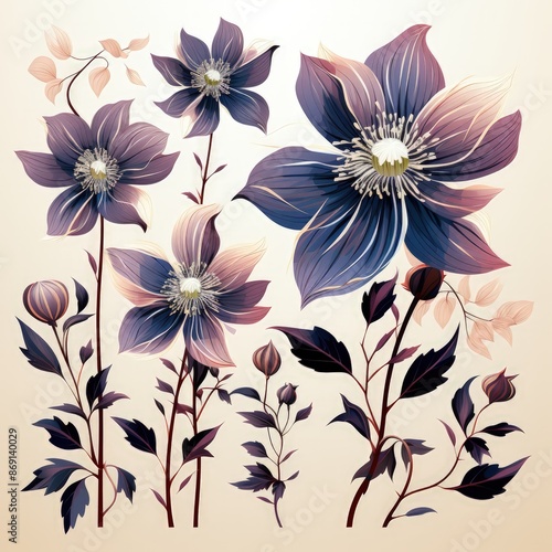 Wallpaper Mural Elegant Clematis Flower: Flat Style Vector with Dark Palette Torontodigital.ca