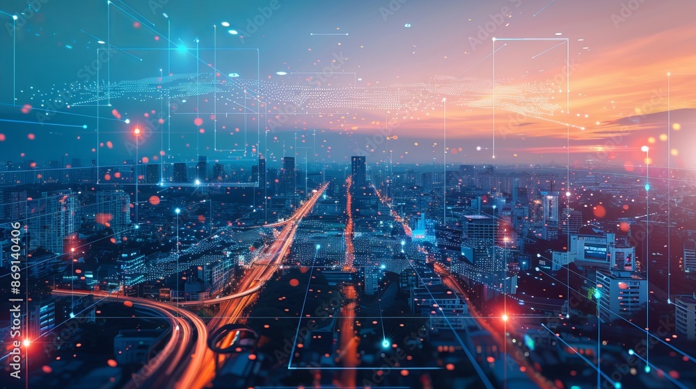Technology connects smart cities and abstract dots through flowing lines, representing the interconnectedness of big data in modern urban environments. Technology connects smart cities and abstract dots through flowing lines, representing the interconnectedness of big data in modern urban environments.