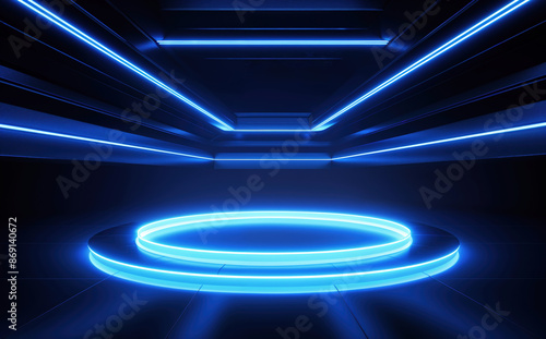 Futuristic Blue Neon Circular Platform with Converging Light Lines in Dark Room - Sci-Fi High-Tech Background for Product Showcase or Virtual Reality Environment