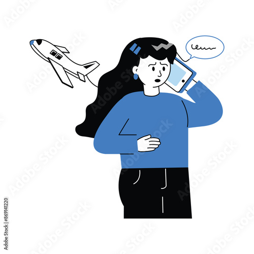 A woman in stressed mood with airplane denoting concept illustration of flight missed