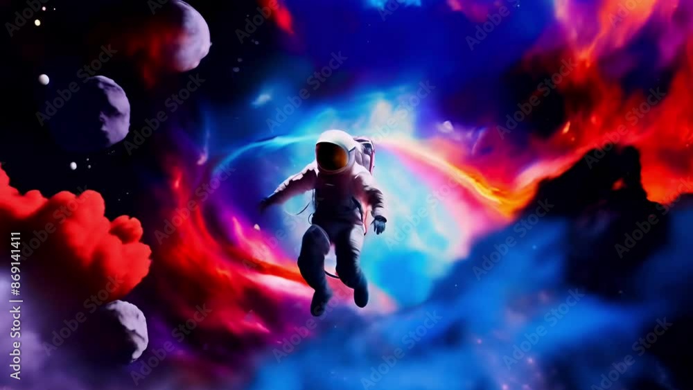 An astronaut floating flowing flying in a swirling vortex of vivid cosmic clouds in outer space with zero gravity An astronaut floating flowing flying in a swirling vortex of vivid cosmic clouds in outer space with zero gravity