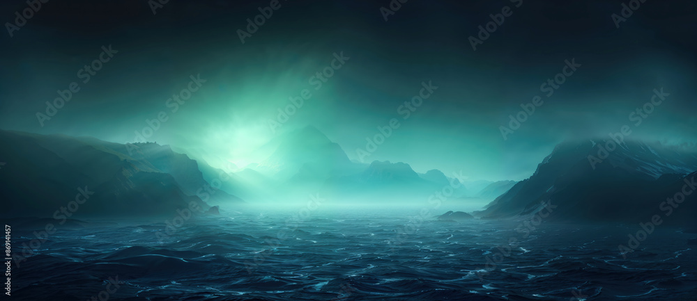 Naklejka premium Mystical green mountain landscape with fog over dark ocean - serene and mysterious nature scenery