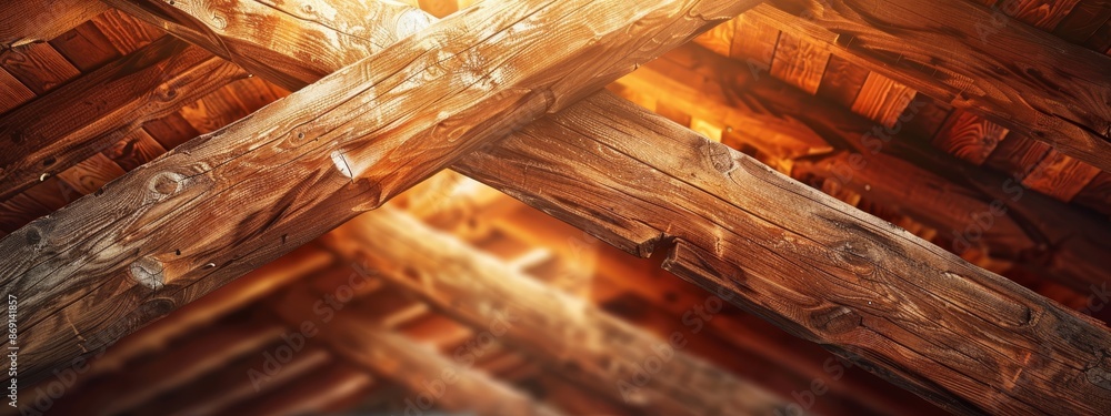 A tight shot of a wooden crosshead atop a structure, illuminated by a light above A tight shot of a wooden crosshead atop a structure, illuminated by a light above