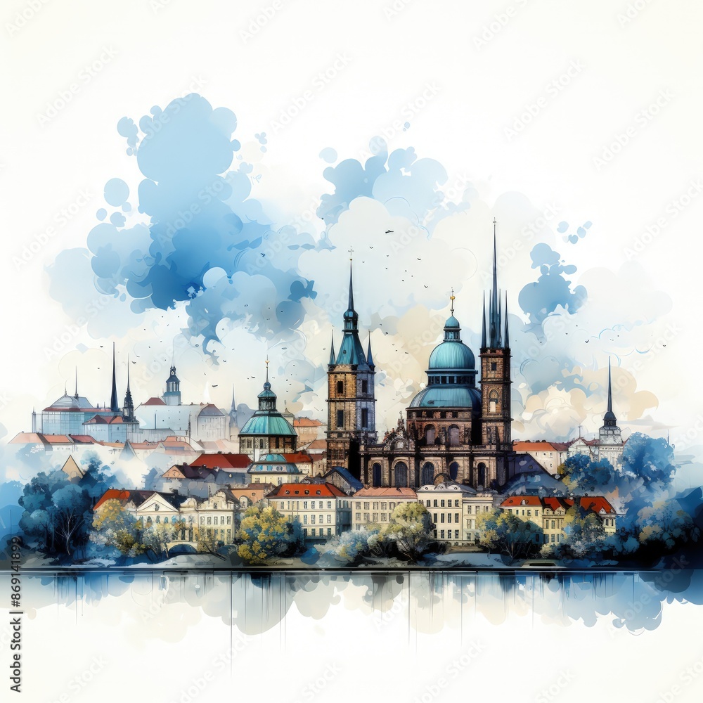 Obraz premium Minimalist Prague Skyline Illustration in Vector