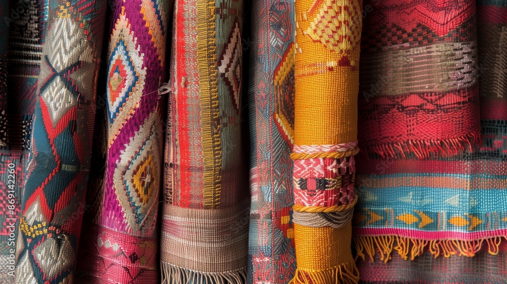 A captivating photo of handmade Peruvian textiles with intricate patterns, vibrant colors, and expert craftsmanship. A captivating photo of handmade Peruvian textiles with intricate patterns, vibrant colors, and expert craftsmanship.