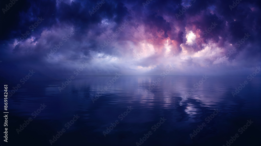 Fototapeta premium serene twilight landscape with dramatic purple and pink clouds reflecting over calm water. High quality photo