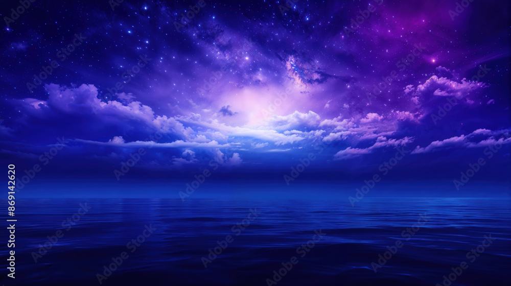 Fototapeta premium breathtaking night sky with vibrant purple and blue clouds reflecting over calm ocean. High quality photo