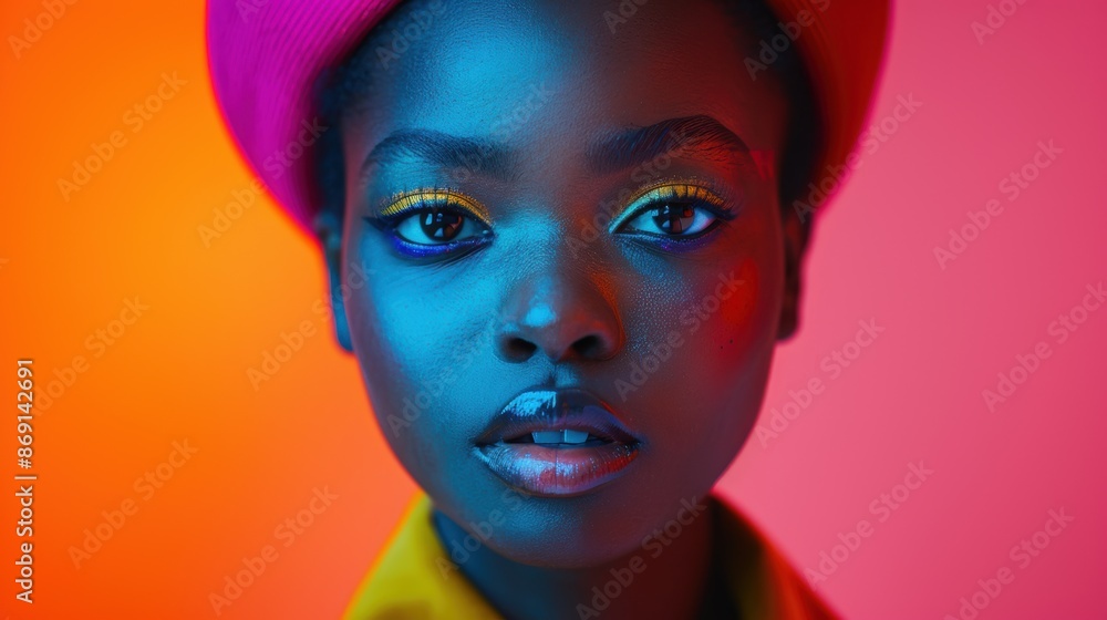 Fototapeta Vibrant portrait of a woman with colorful makeup and background, exuding confidence and style, featuring bold hues and artistic lighting.