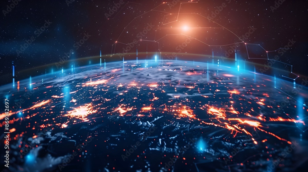 Fototapeta premium Digital World Globe Showcasing Global Network Connectivity and High Speed Data Transfer