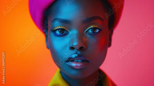 Obraz Vibrant portrait of a woman with colorful makeup and background, exuding confidence and style, featuring bold hues and artistic lighting.