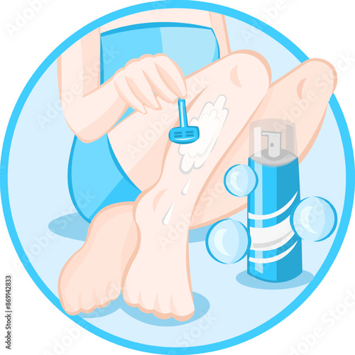 Hair removal with razor blade shaving. Girl removes unwanted hair from her legs with a help of razor blade depilation. Depilation vector collection. No hair Logo