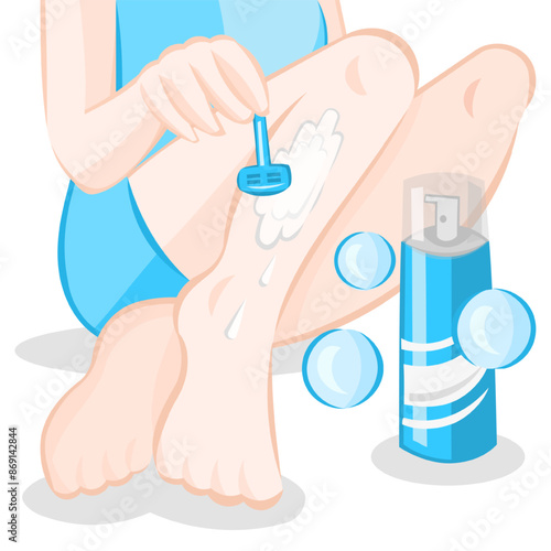 Hair removal with razor blade shaving. Girl removes unwanted hair from her legs with a help of razor blade depilation. Depilation vector collection. No hair
